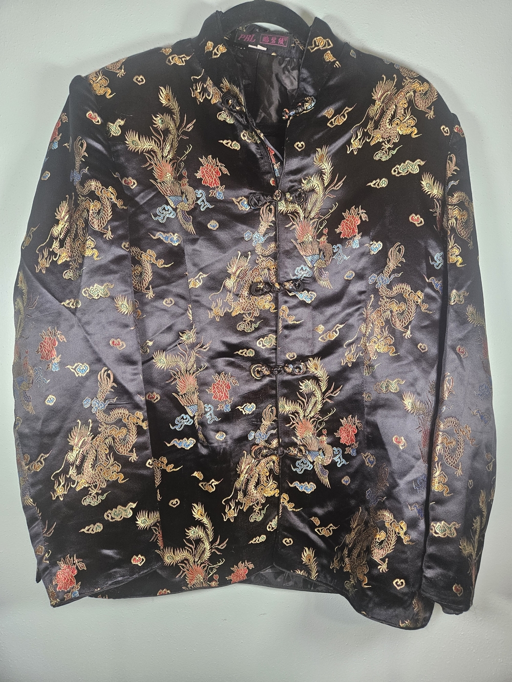 Black Satin Dragon Embroidered Shirt Jacket